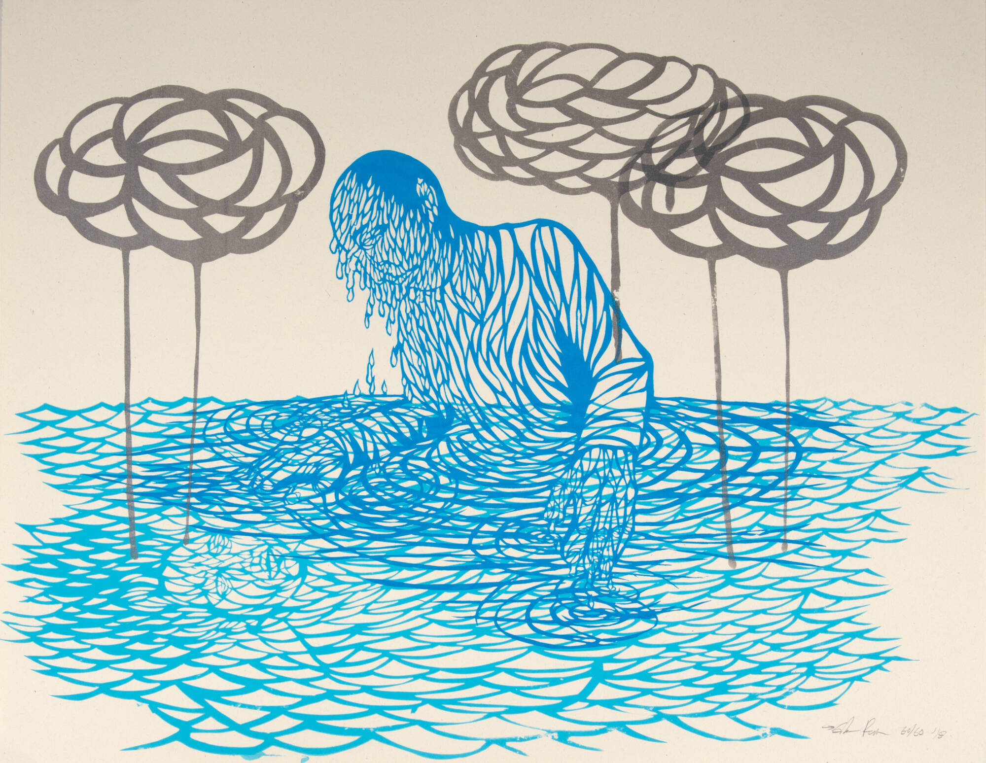 Screenprint of a figure in water. The figure is a light blue color that matches the water. There are three grey floral shapes surrounding the figure.